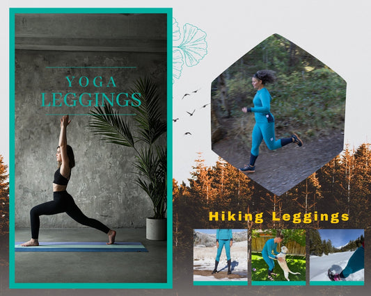 collage of tall women in yoga leggings and hiking leggings comparing tall women's products. Natural forest background.