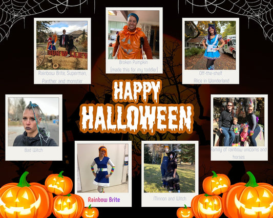 Collage of a tall woman wearing different halloween costumes.
